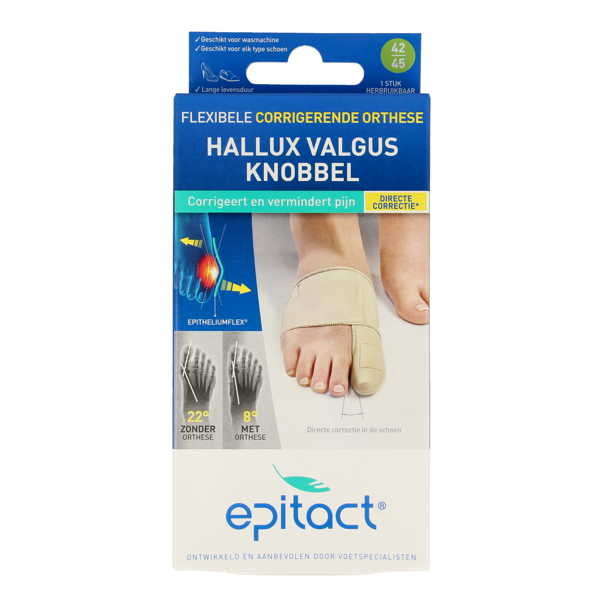 Epitact hallux valgus orthese in size 42/45, a correcting bandage for bunions with visible support and adjustable straps.