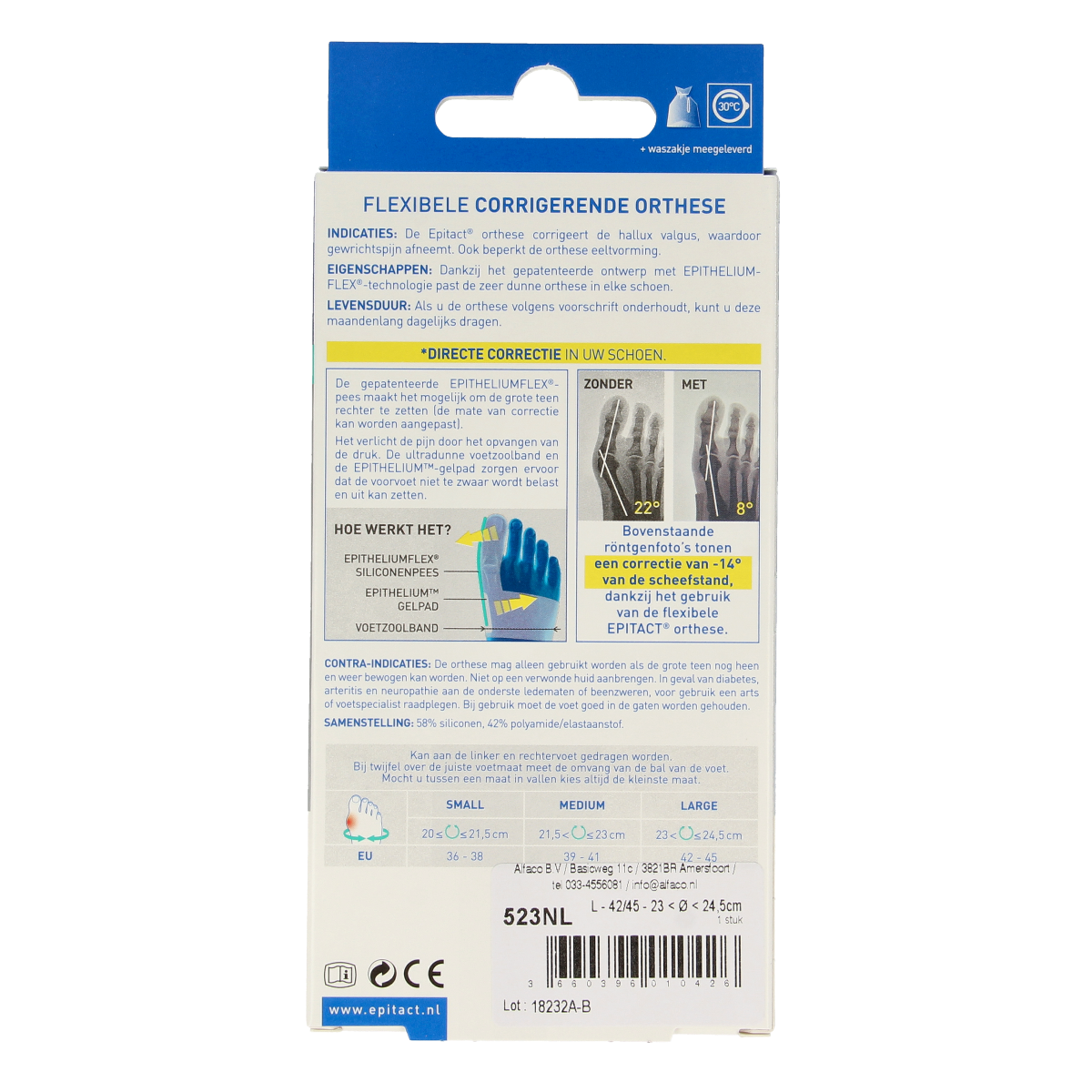 Epitact Hallux valgus orthese in size 42/45, a corrective bandage for bunion relief, shown in the image.