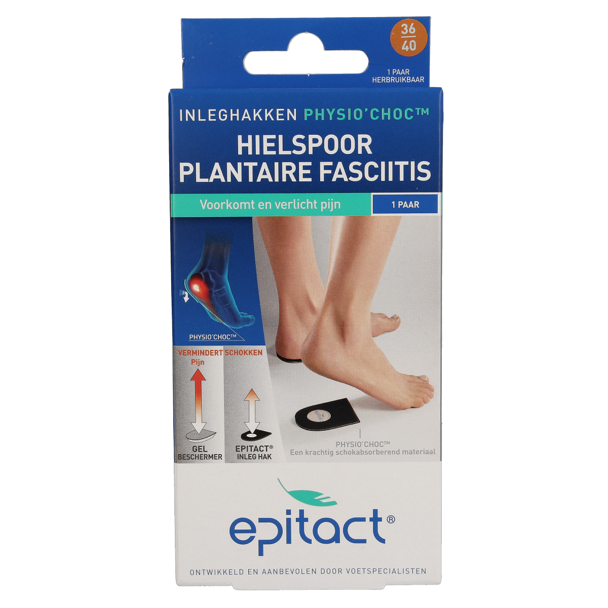 Epitact Hielspoor inlegzolen met physio choc voor maat 36/40, voetverzorging, twee stuks, geschikt voor hielspoor klachten.