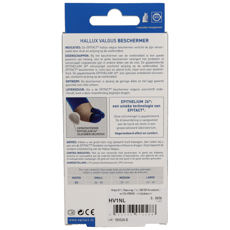 Epitact Hallux valgus knobbel beschermer bandage in size 36/38, designed to cushion and protect bunion areas.