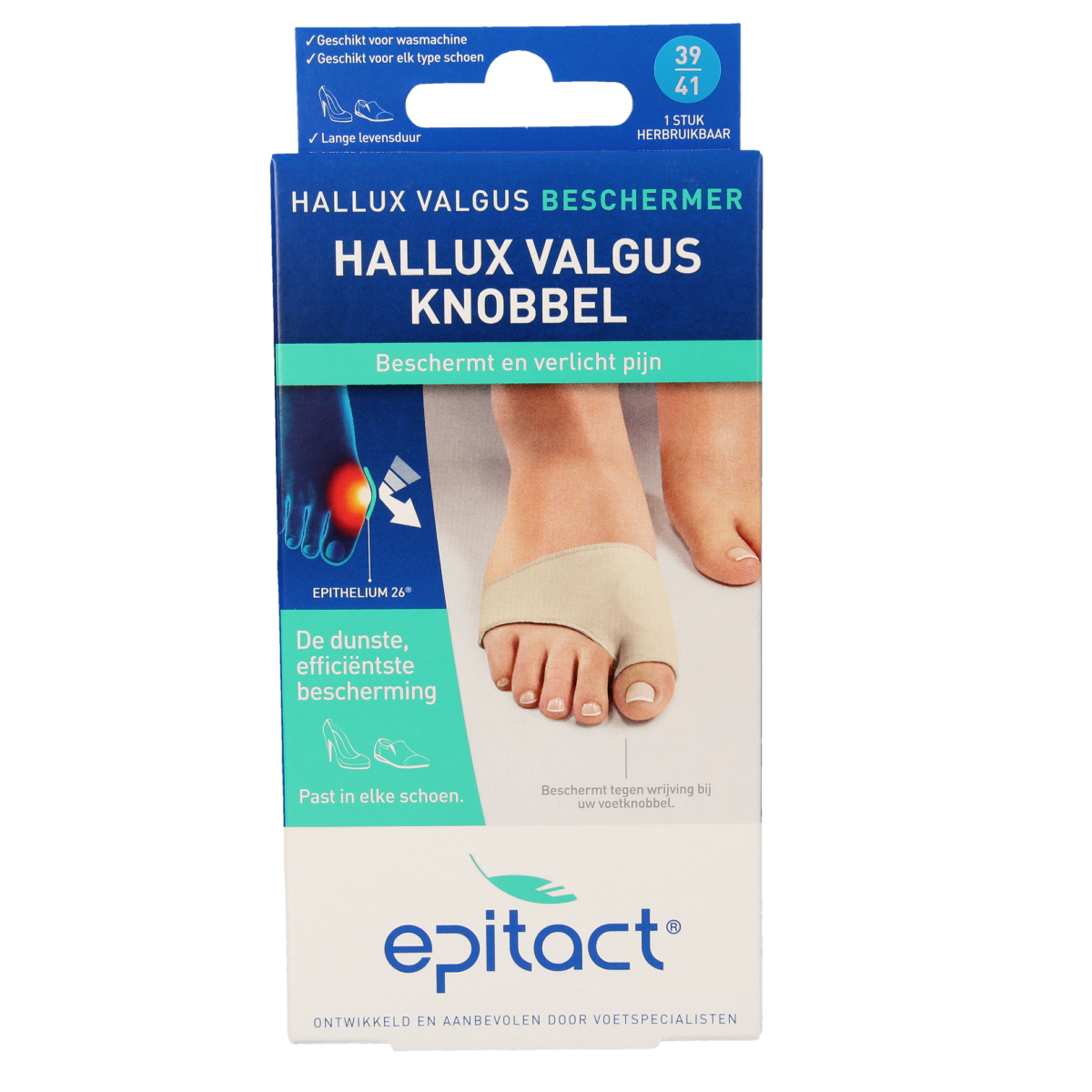 Epitact Hallux valgus knobbel beschermer in maat 39/41, voetverzorgingsproduct for bunion protection, shown in image.