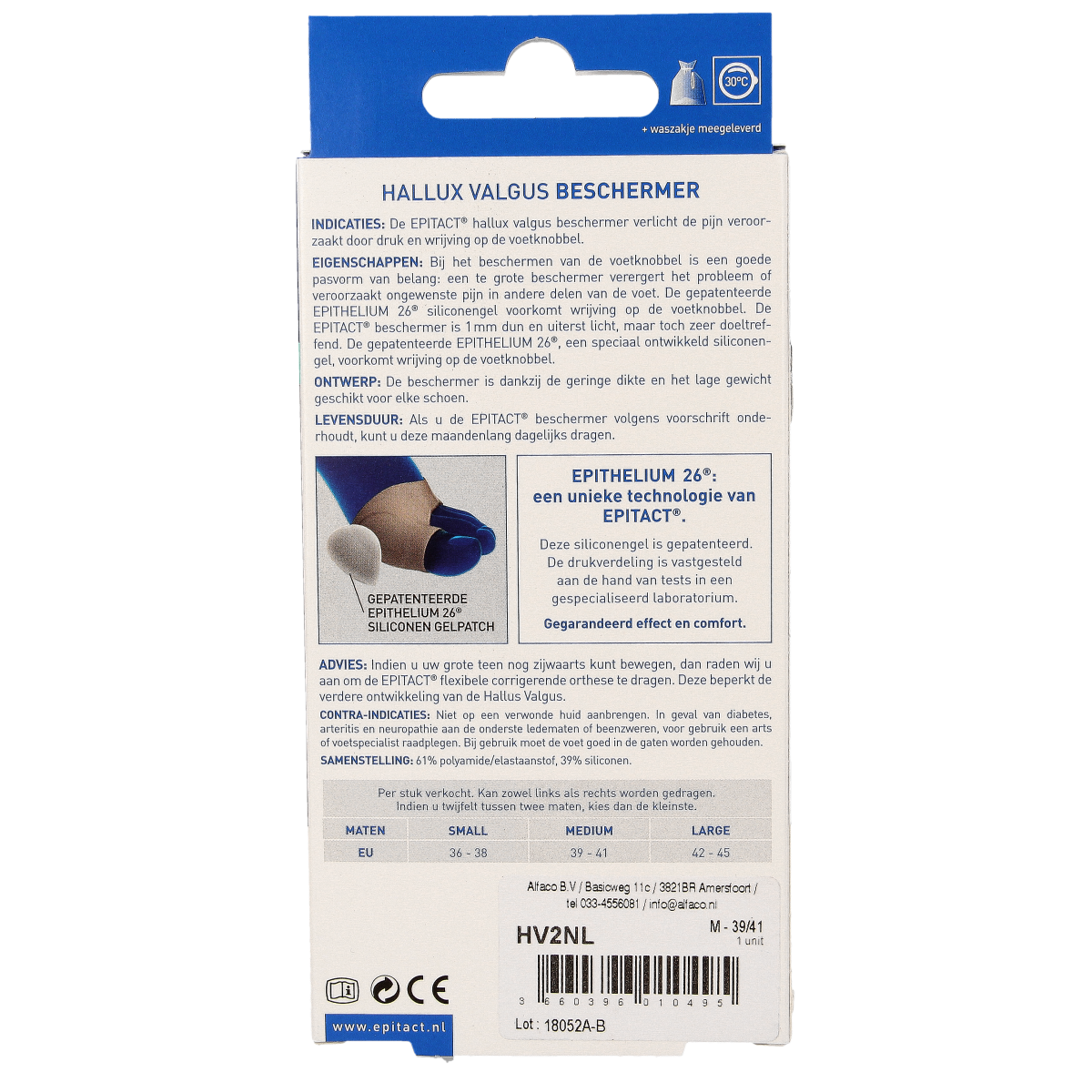 Epitact Hallux valgus knobbel beschermer maat 39/41, voetverzorging, soft gel pad for bunion relief, front view