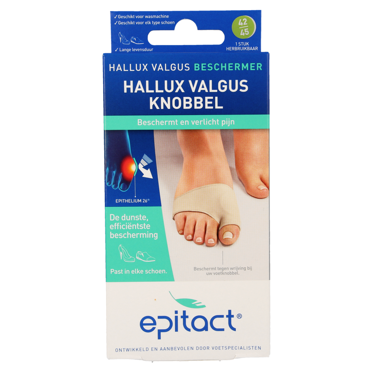 Epitact Hallux valgus knobbel beschermer maat 42/45, bandages for bunion protection, shown in the product image.