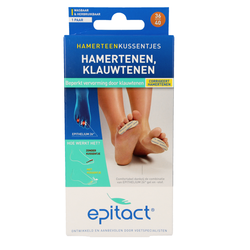 Epitact hamertenen voetverzorgingsset, maat 36/40, bevat 2 zachte, ondersteunende pads voor hiel en tenen, voor comfort en verzorging.