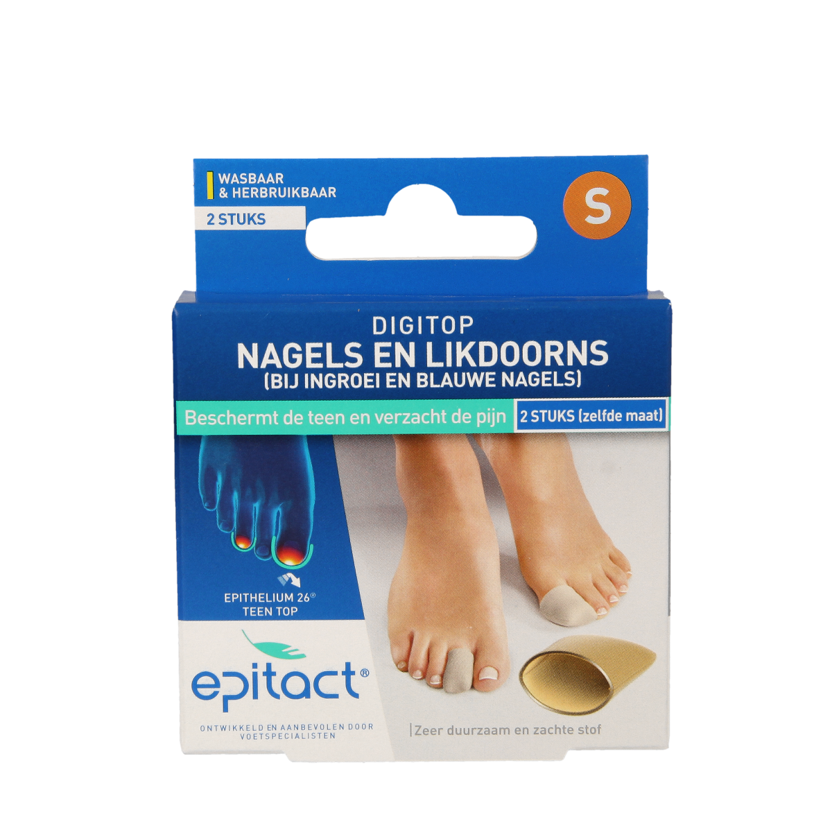 Epitact Digitop nail and corn bandages in size S, 2 pack, designed to relieve pressure and protect affected toes and skin.
