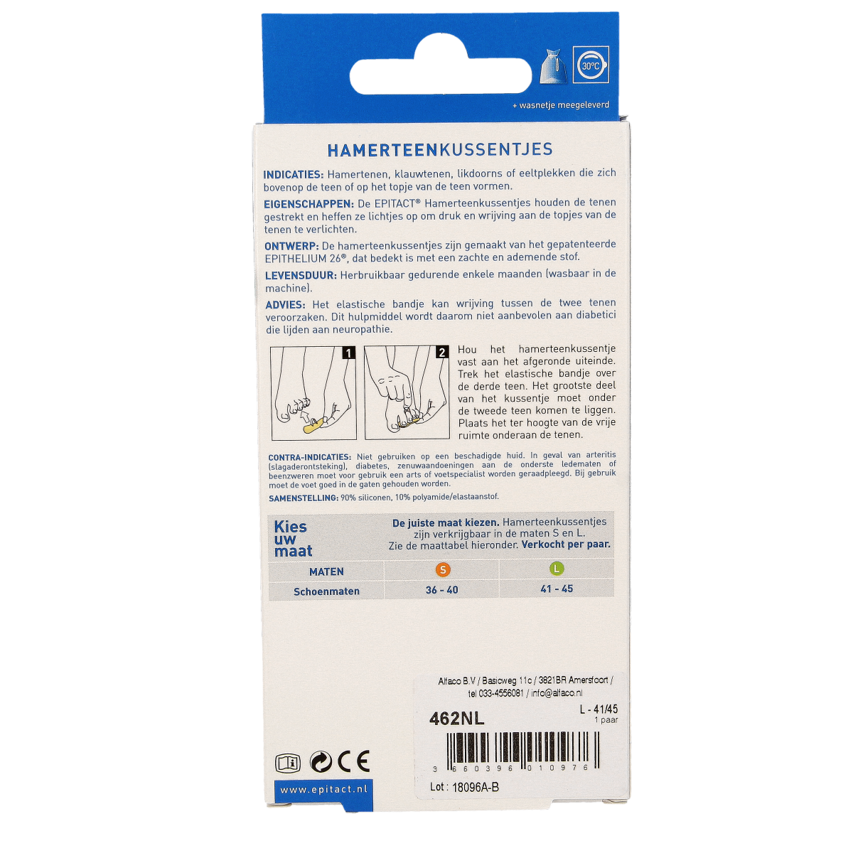 Epitact hamertenen voetverzorging set, maat 41/45, two pieces, designed for foot care and comfort.