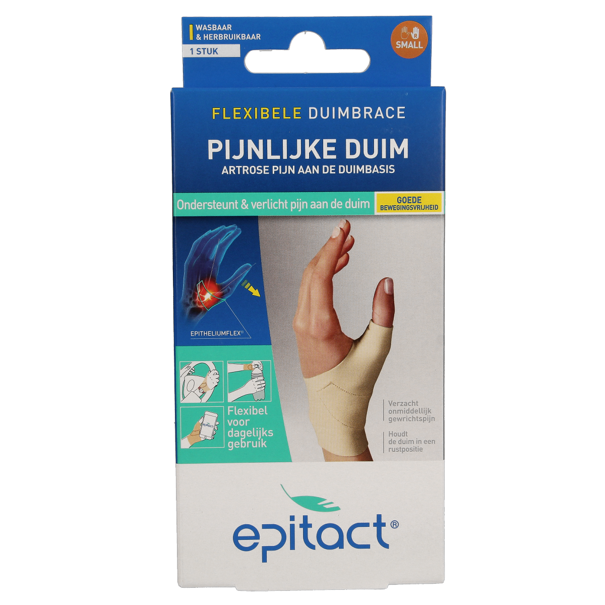 Epitact Duim orthese dag rechts maat S brace for thumb support, shown in a white plastic design with adjustable straps.