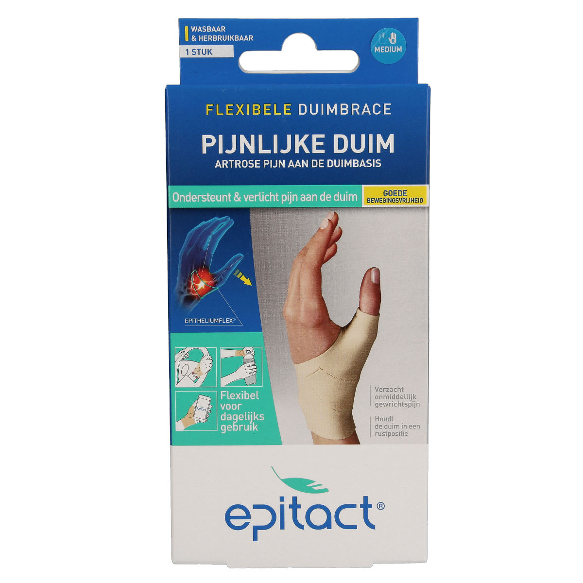 Epitact Duim orthese dag rechts maat M brace for thumb support, shown in image with adjustable strap and supportive design.