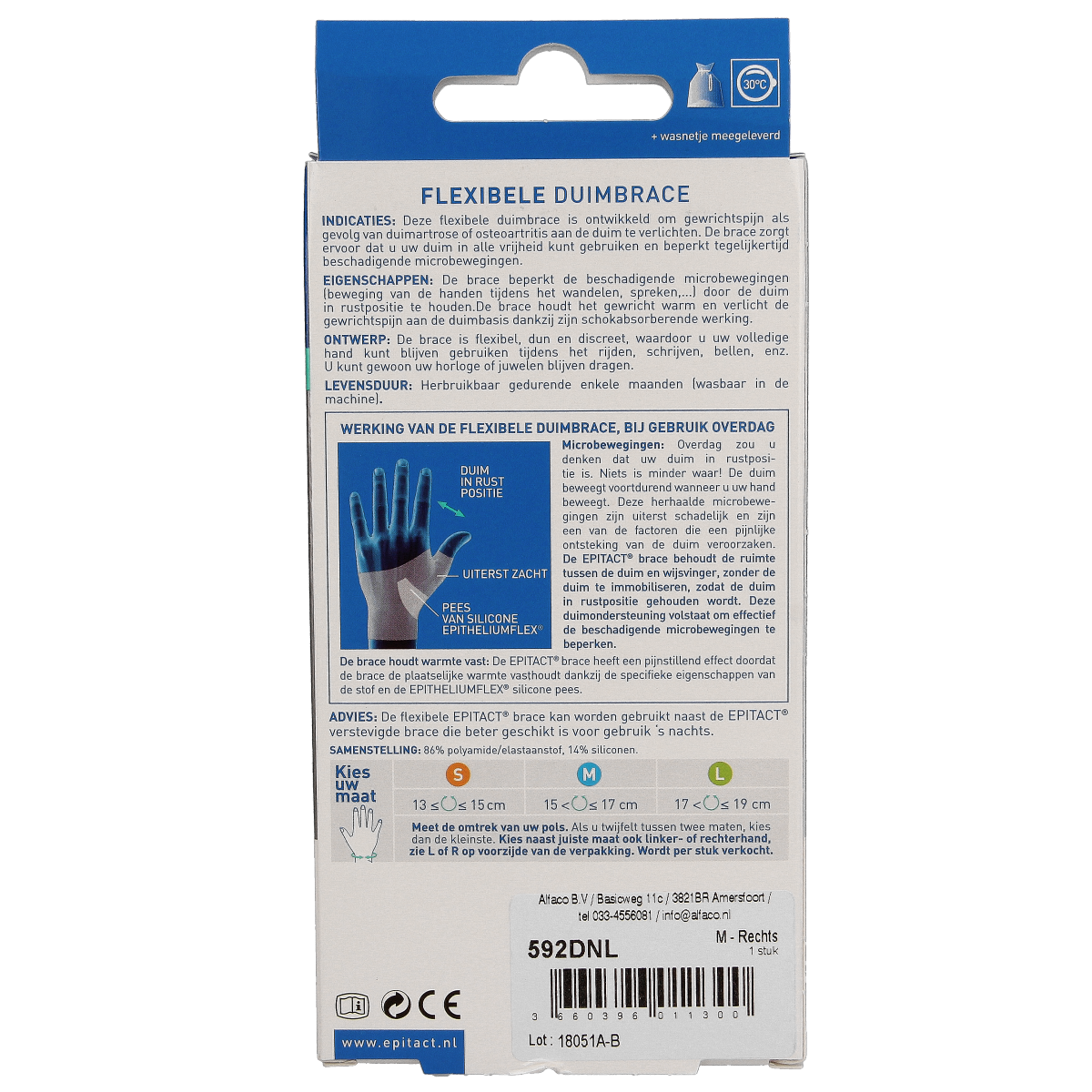 Epitact Duim orthese dag rechts maat M brace for thumb support, shown in white with adjustable strap, designed for thumb stabilization.