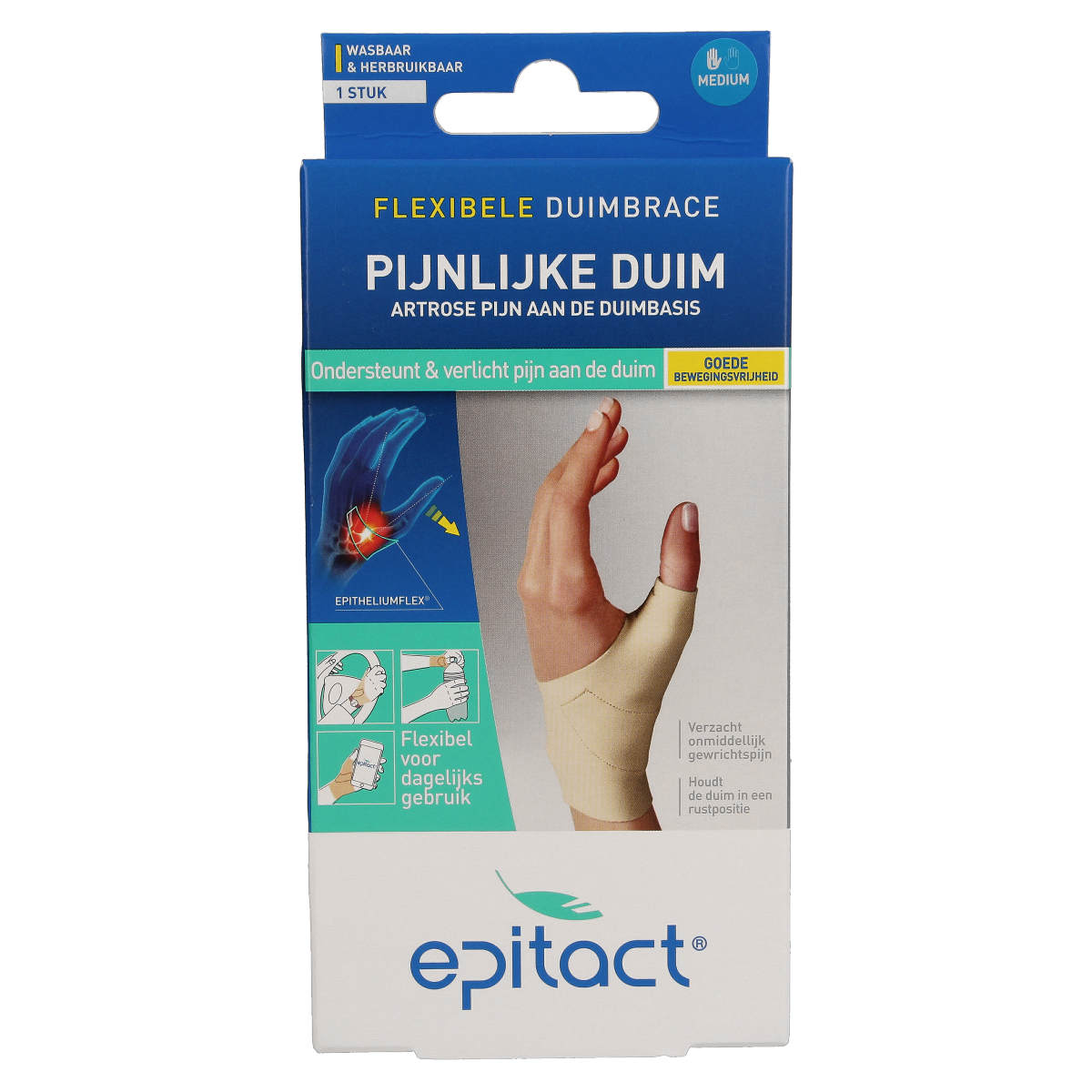 Epitact Duim orthese dag links brace in size M, designed to support and stabilize the thumb during daytime use.
