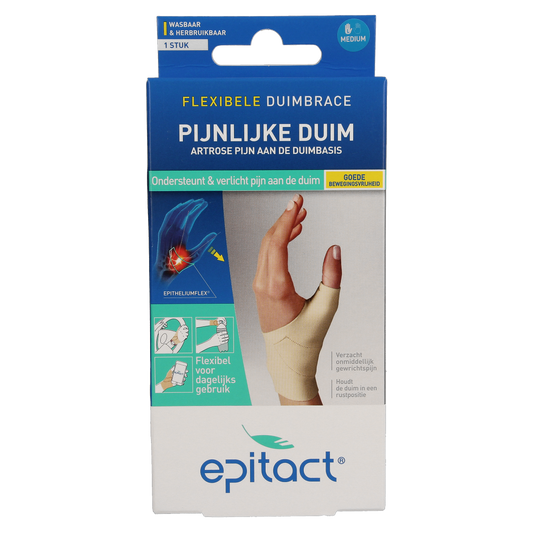Epitact Duim orthese dag links brace in size M, designed to support and stabilize the thumb during daytime use.
