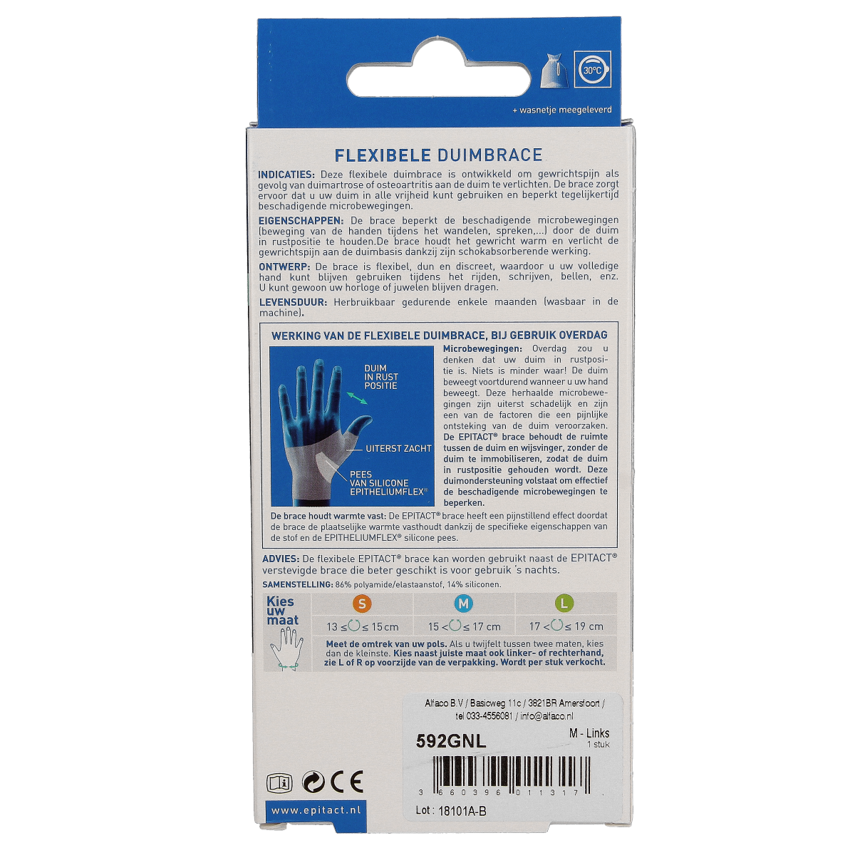 Epitact Duim orthese dag links size M brace for thumb support, shown on a white background.
