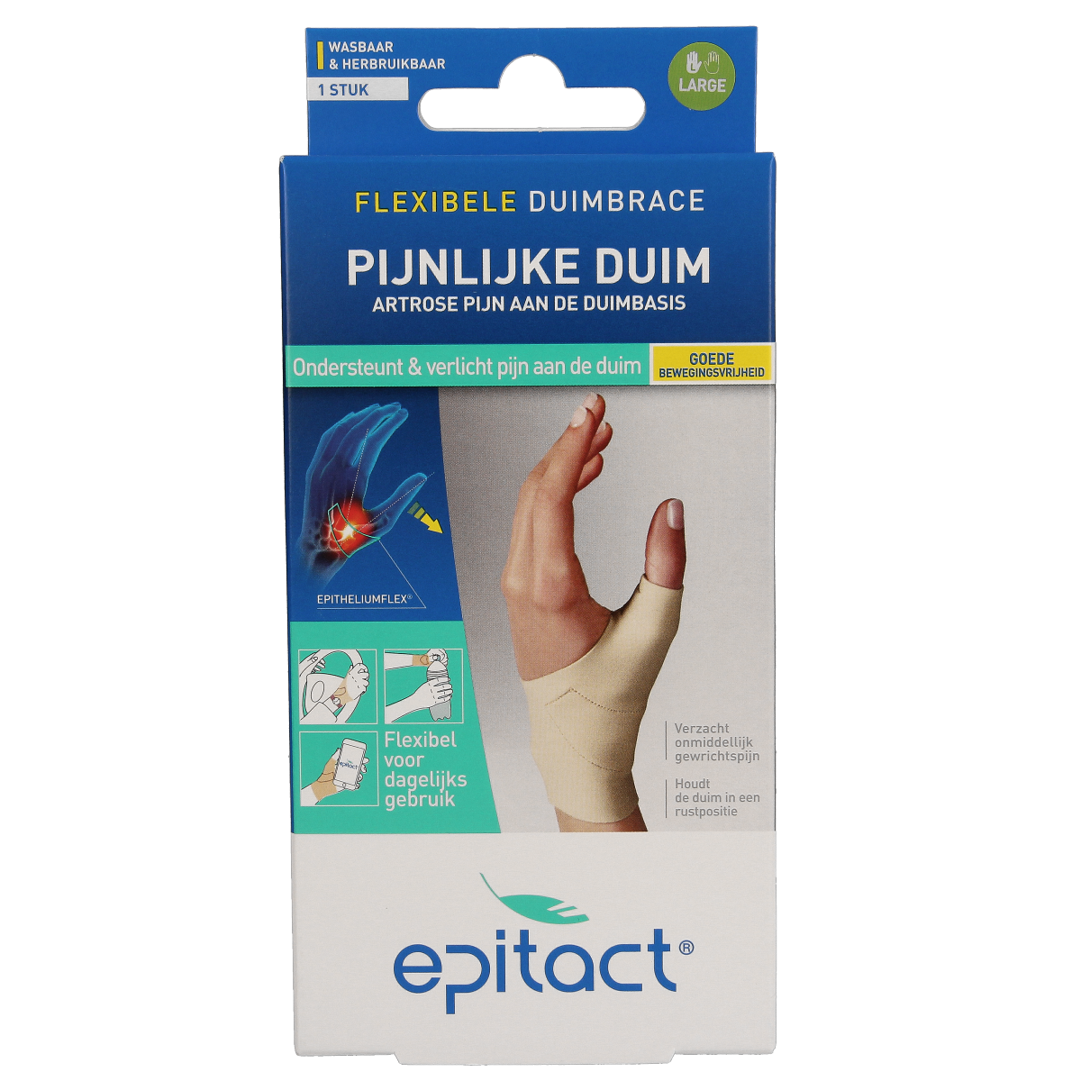 Epitact Duim orthese dag links brace in size L, designed for thumb support, shown in the product image.