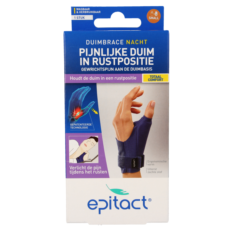 Epitact Duim nacht orthese rechts maat S, a brace supporting the thumb during sleep, shown in white with adjustable strap.