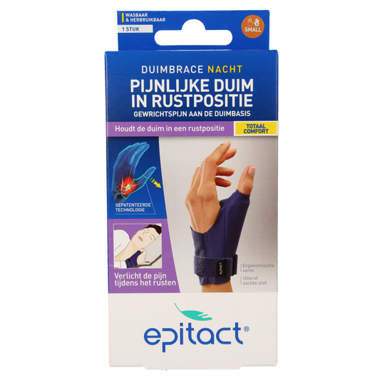 Epitact Duim nacht orthese rechts maat S, a brace supporting the thumb during sleep, shown in white with adjustable strap.