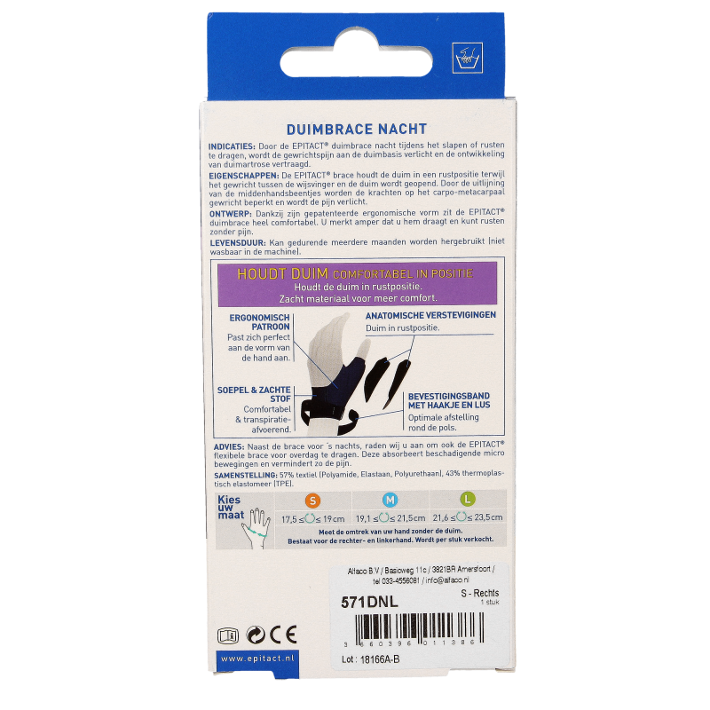 Epitact Duim nacht orthese brace for right thumb, size S, shown in image, designed for thumb support during sleep.
