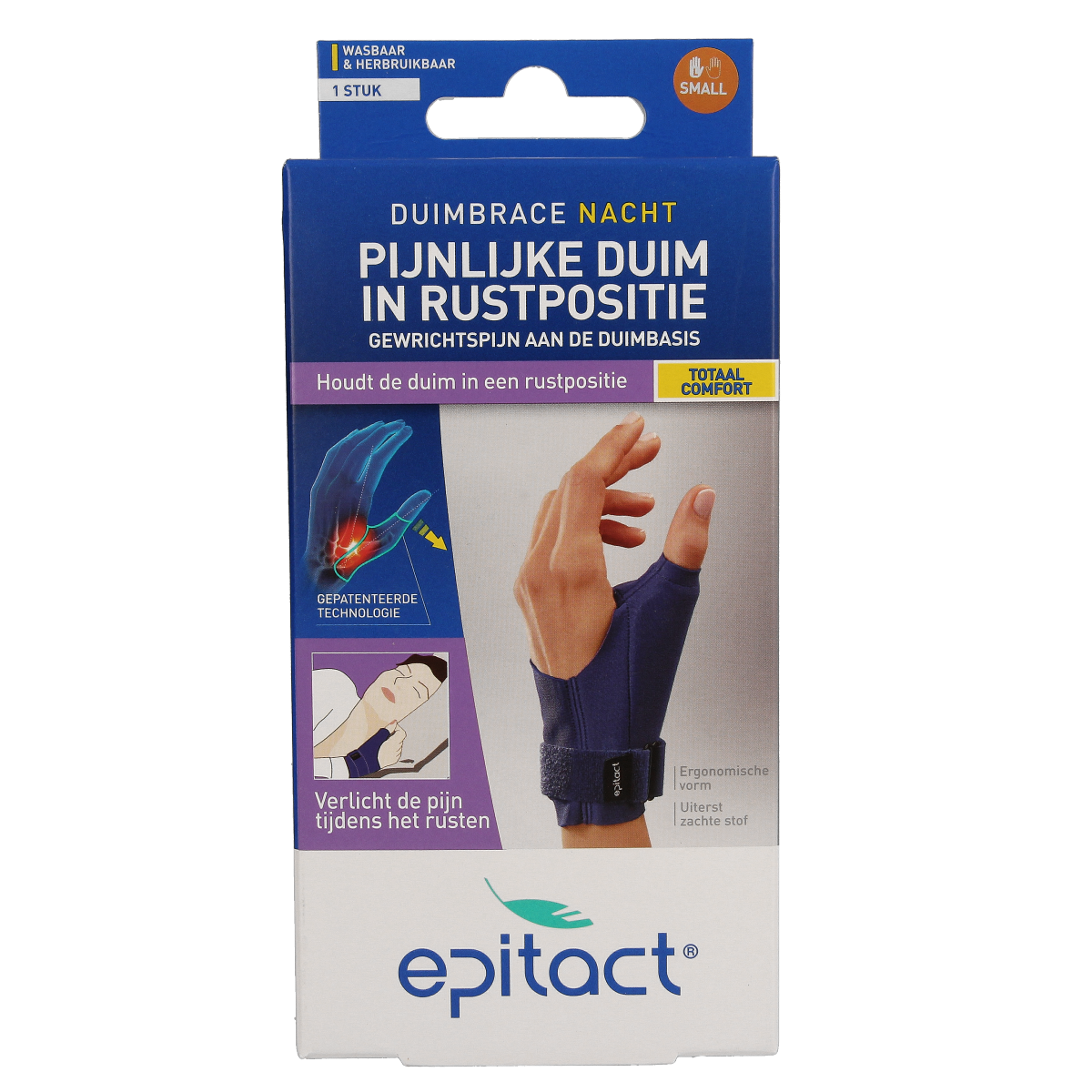 Epitact Duim orthese nacht links brace for thumb support, size S, shown in black with adjustable strap and padding.