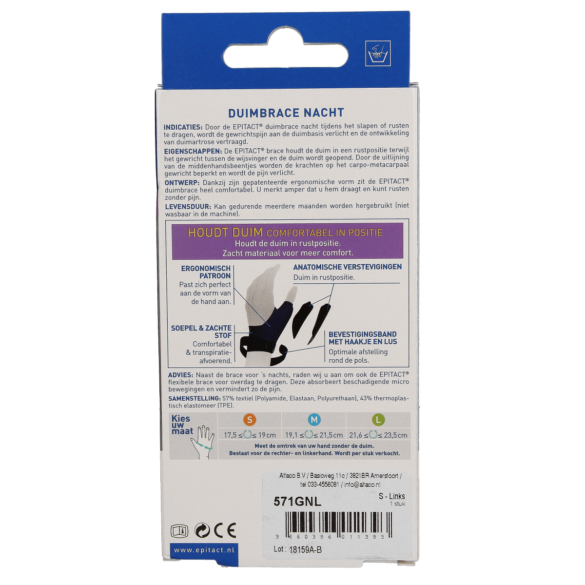Epitact Duim orthese nacht links brace in size S for thumb support, shown in image with adjustable strap and soft material.