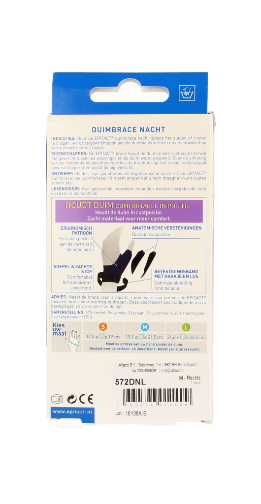 Epitact Duim orthese nacht rechts brace for thumb support, size M, showing the ergonomic design for nighttime thumb stabilization.