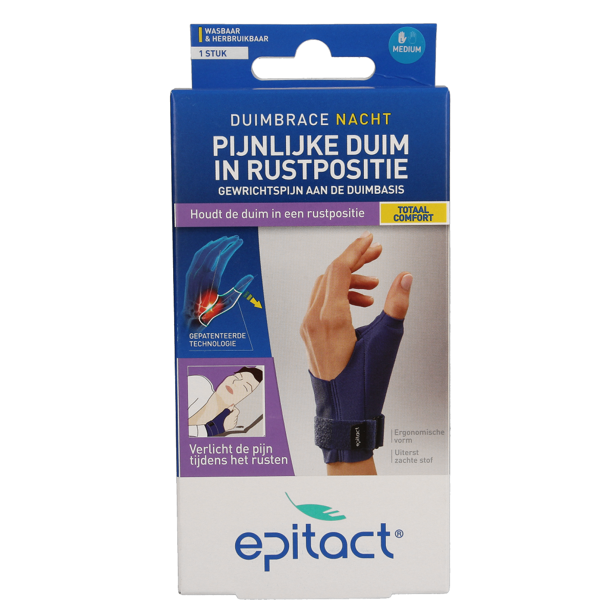 Epitact Duim orthese nacht links maat M brace for thumb support, shown in the image with adjustable strap and soft material.