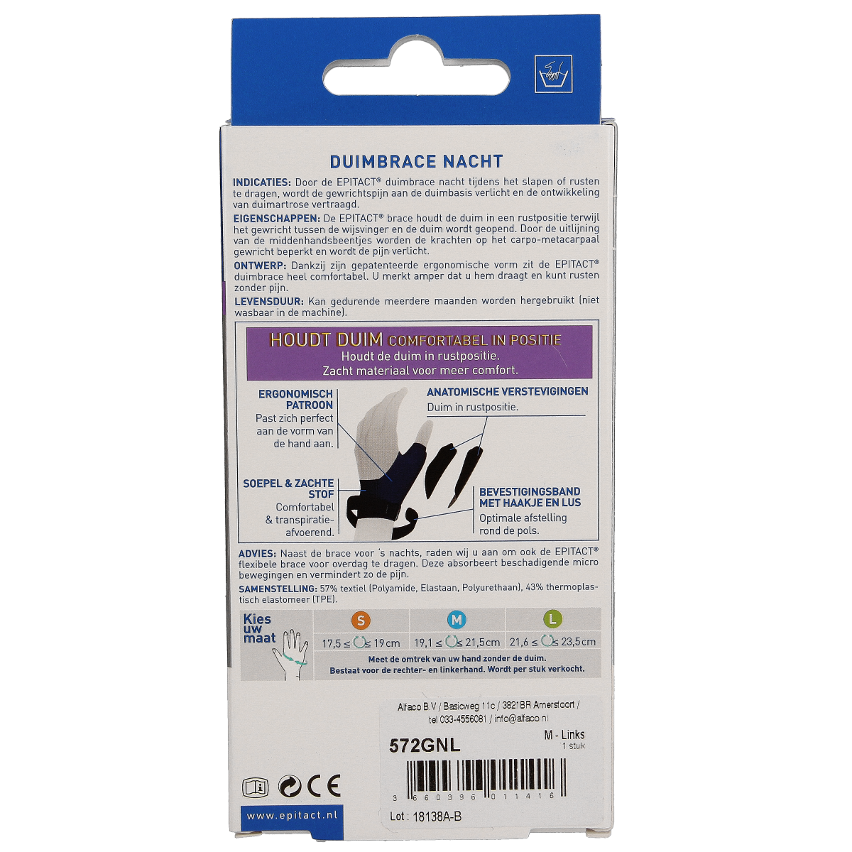 Epitact Duim orthese nacht links, size M, brace for thumb support, shown in white fabric with adjustable strap.