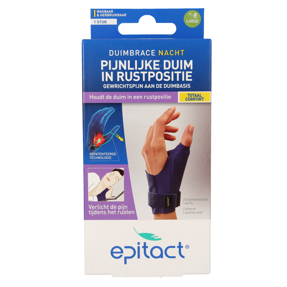 Epitact Duim orthese nacht rechts brace in size L, designed for thumb support, shown in white with adjustable straps.