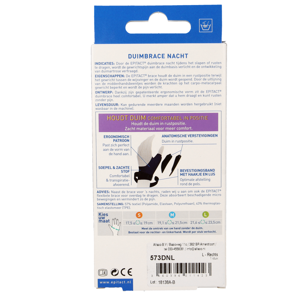 Epitact Duim orthese nacht rechts brace for thumb support, size L, shown in a close-up image.