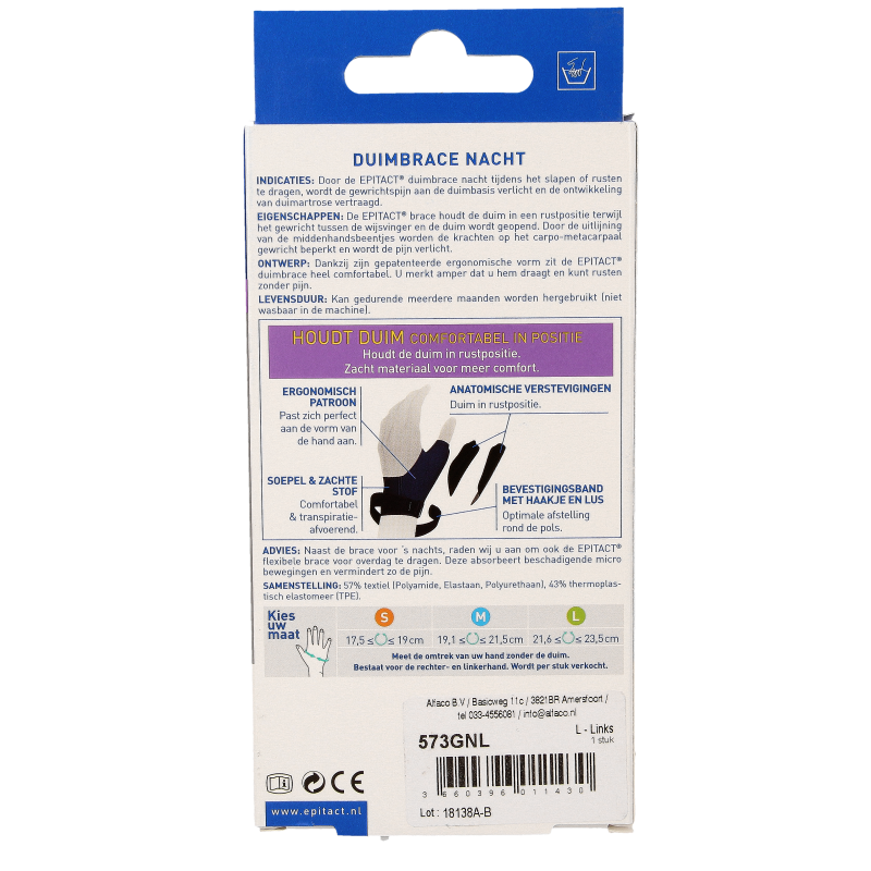Epitact Duim orthese nacht links size L brace for thumb support, shown in a close-up image on a white background.