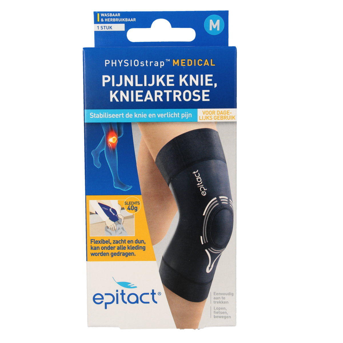 Epitact Knie medical bandage in size M, gray color, designed for knee support, shown in the image.