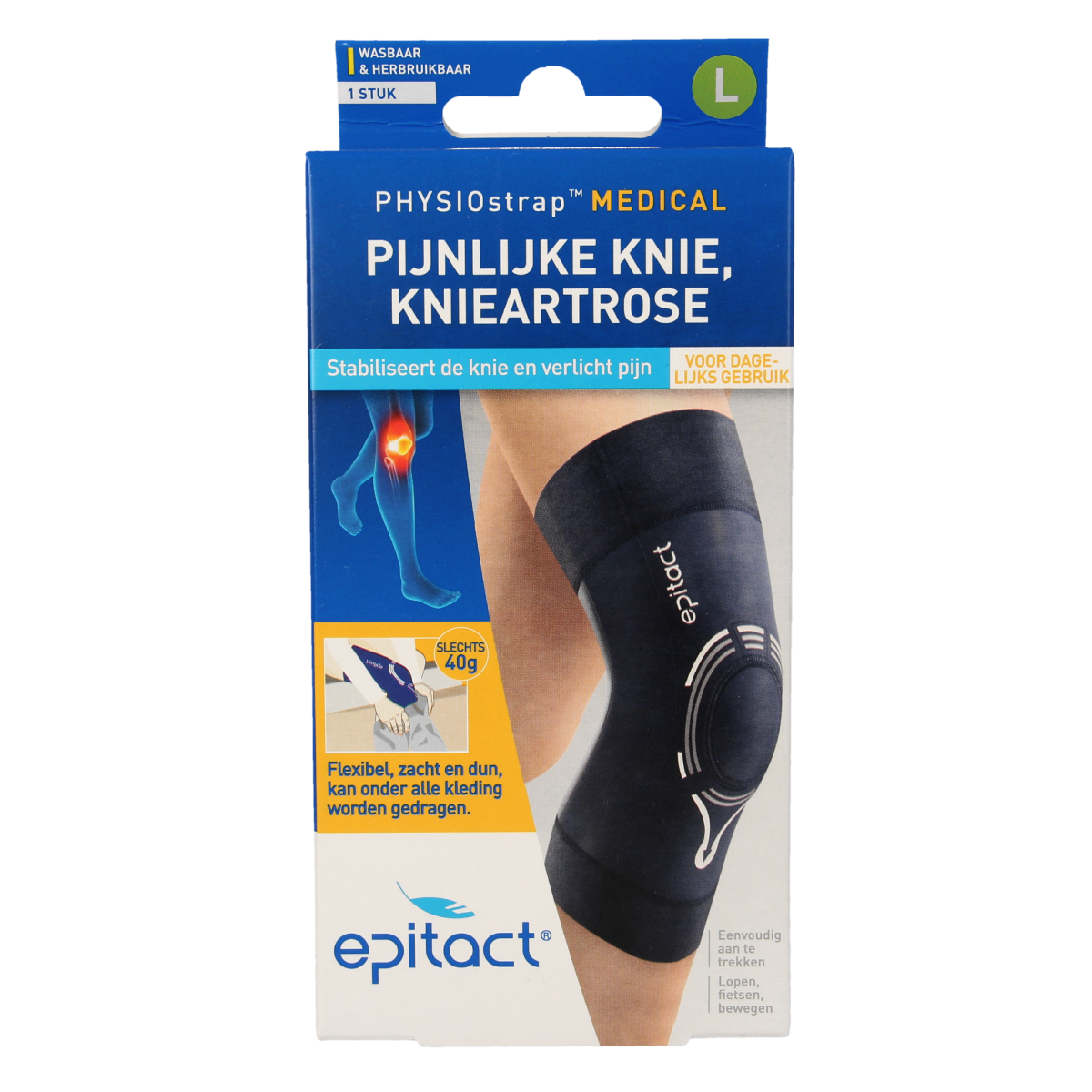 Epitact Knie medical bandage in size L for 41-44cm, shown wrapped around the knee for support and compression.