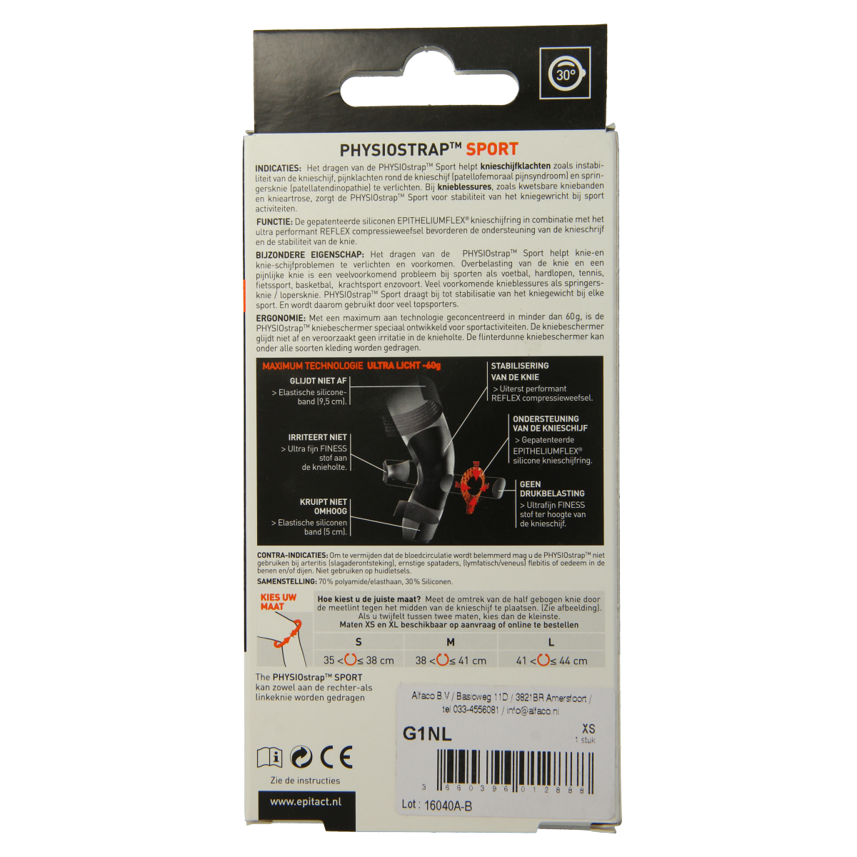 Epitact Knie physiostrap sport XS brace shown with adjustable straps and supportive design for knee stabilization.