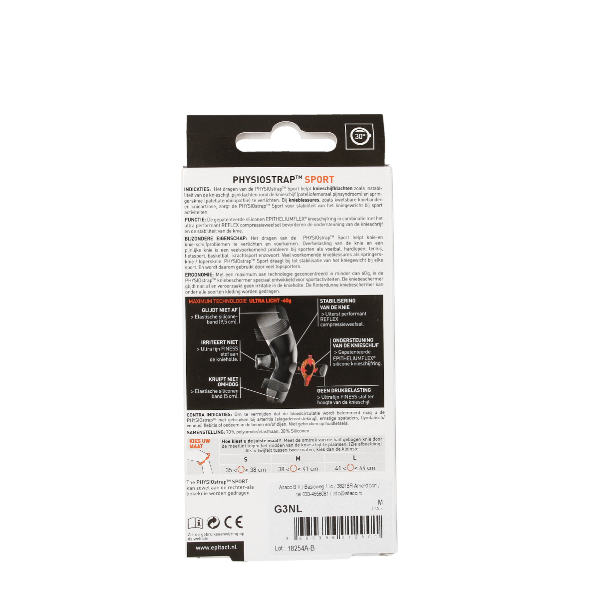 Epitact Knie physiostrap sport size M brace supporting knee joint, designed for athletic use and physical activity.