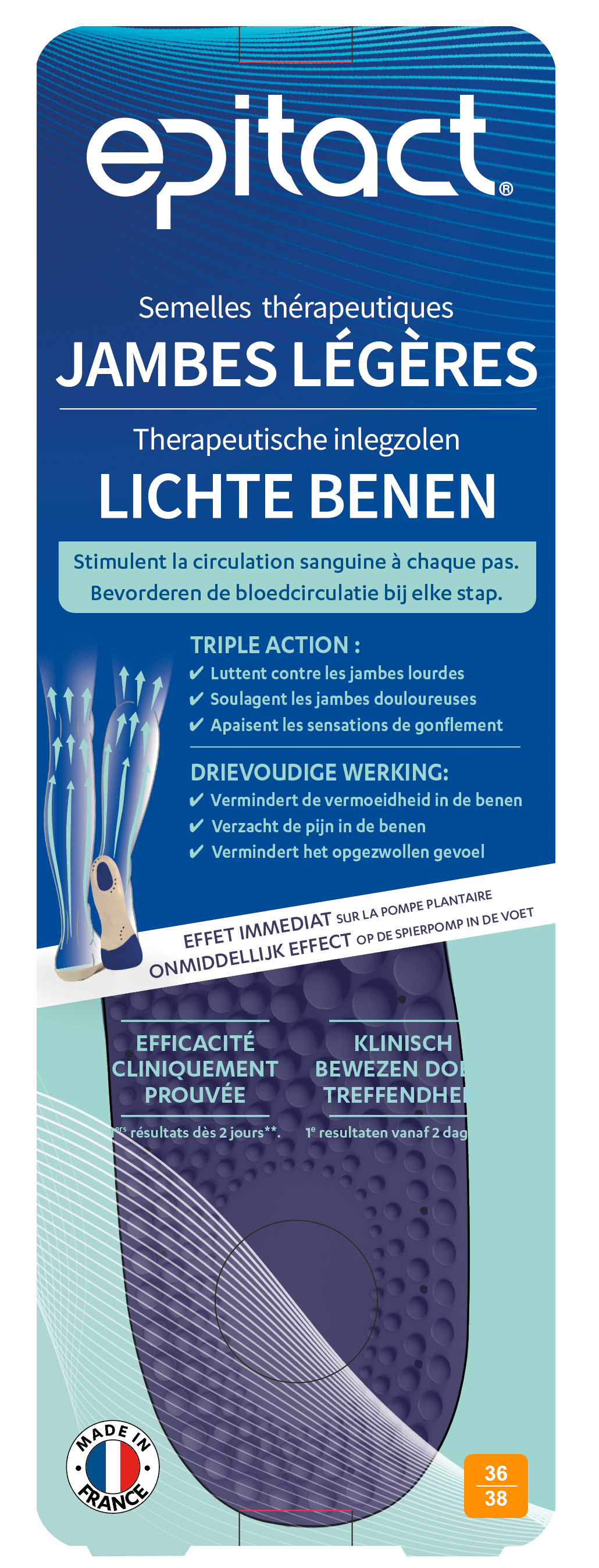 Epitact Inlegzolen lichte benen, size 36-38, pair of comfortable orthopedic insoles for leg support.
