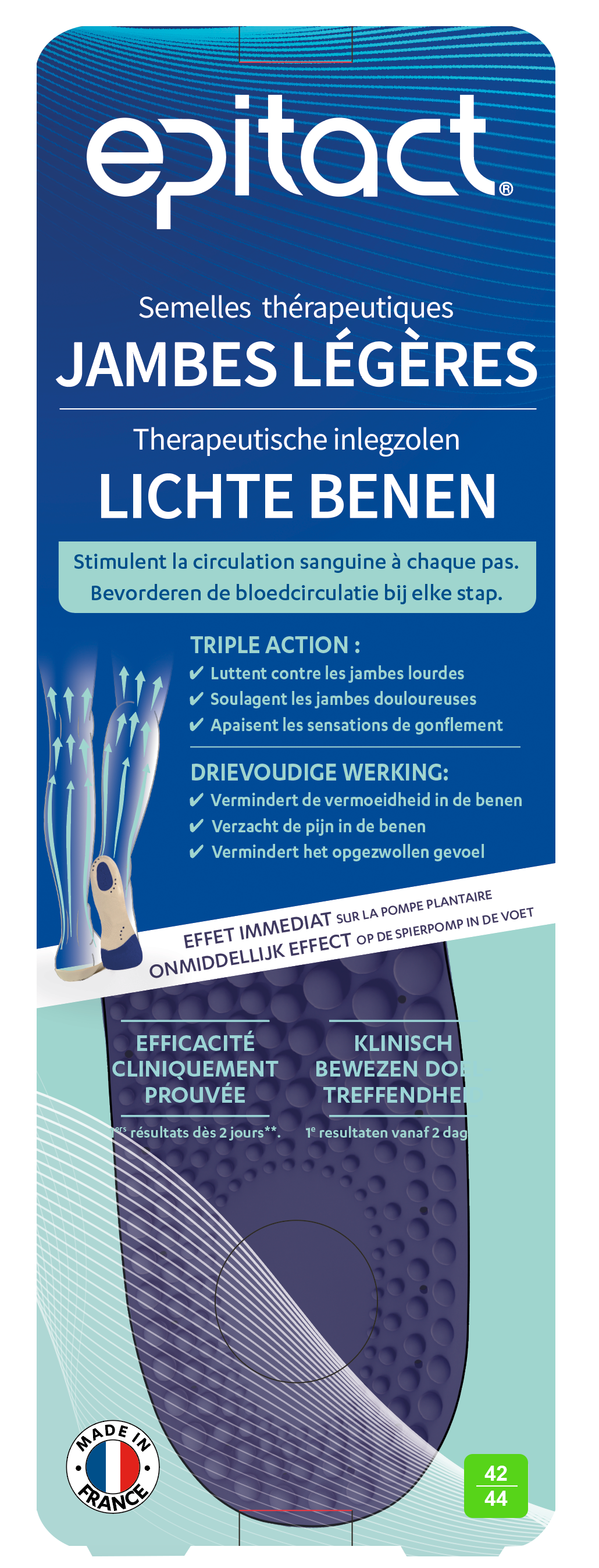 Epitact Inlegzolen lichte benen, size 42-44, for comfortable support, shown in the image.