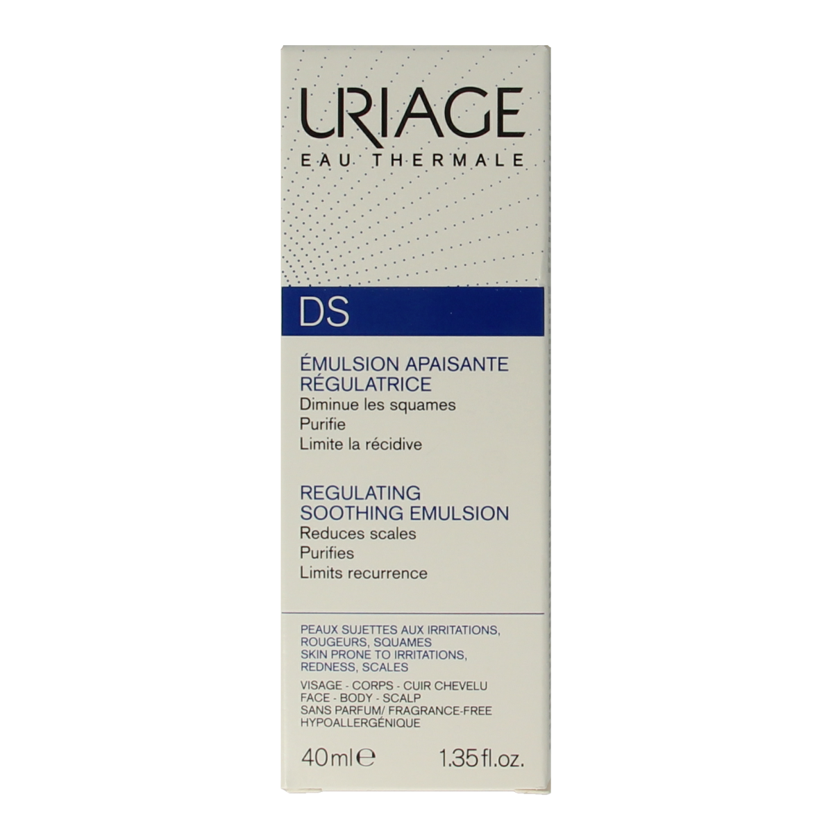 Uriage DS Emulsie body care bottle with 40ml size, gentle moisturizing lotion from Uriage.