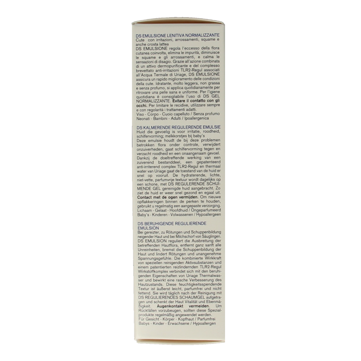 Uriage DS Emulsie body care bottle, 40ml, in a white and blue packaging, suitable for sensitive skin and skin hydration.