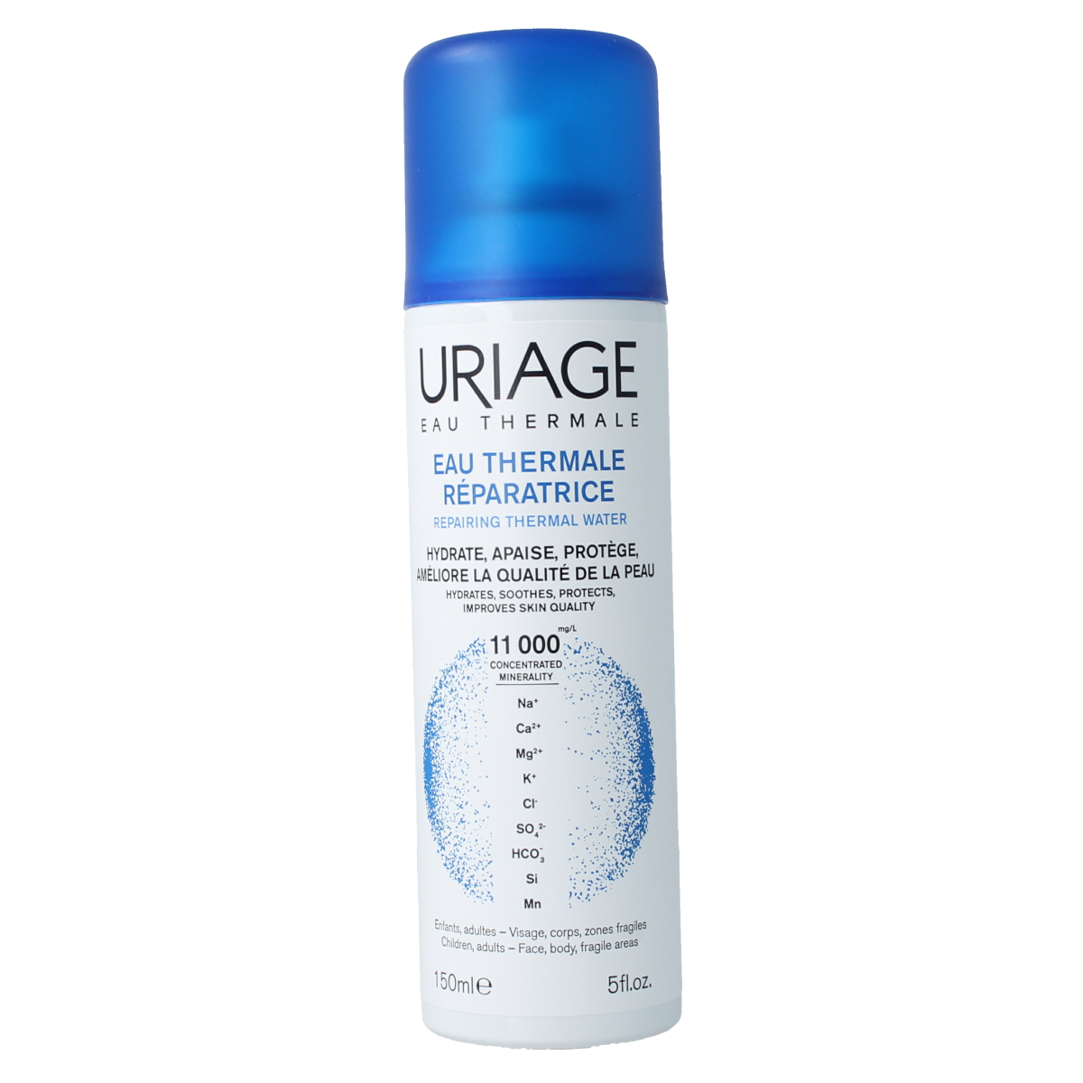 Uriage Thermaal Water Spray 150ml for facial skincare, featuring a clear bottle with spray nozzle and Uriage branding.