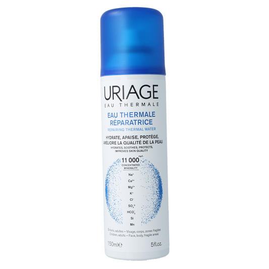 Uriage Thermaal Water Spray 150ml for facial skincare, featuring a clear bottle with spray nozzle and Uriage branding.
