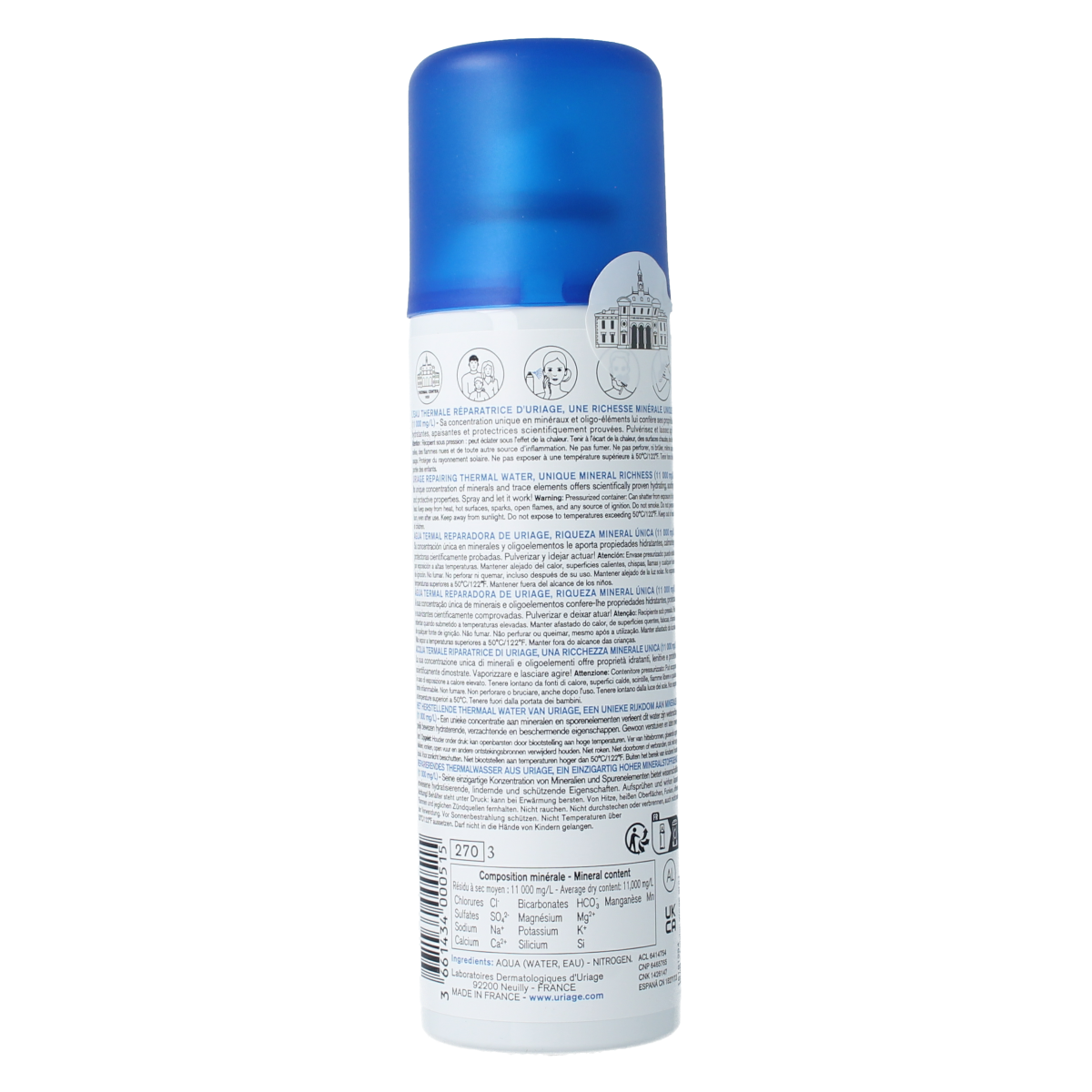Uriage Thermaal Water Spray 150ml for facial skincare, featuring a clear spray bottle with Uriage branding and soothing water mist.