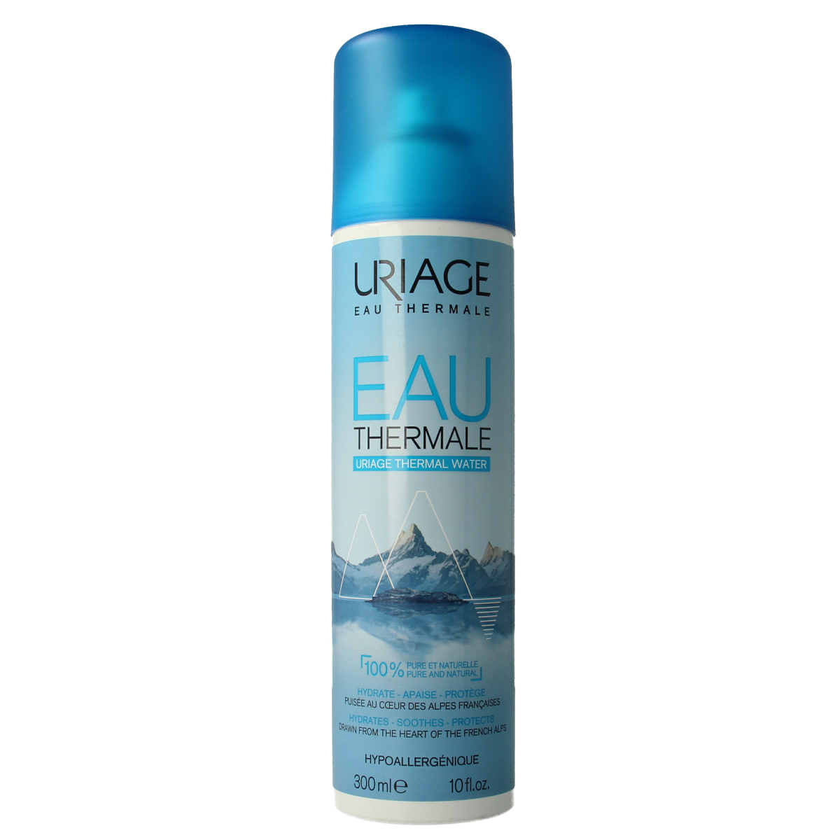 Uriage Eau Thermale facial spray bottle, 300ml, for skincare and hydration, with a white and blue label.