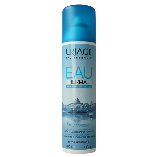 Uriage Eau Thermale facial spray bottle, 300ml, for skincare and hydration, with a white and blue label.
