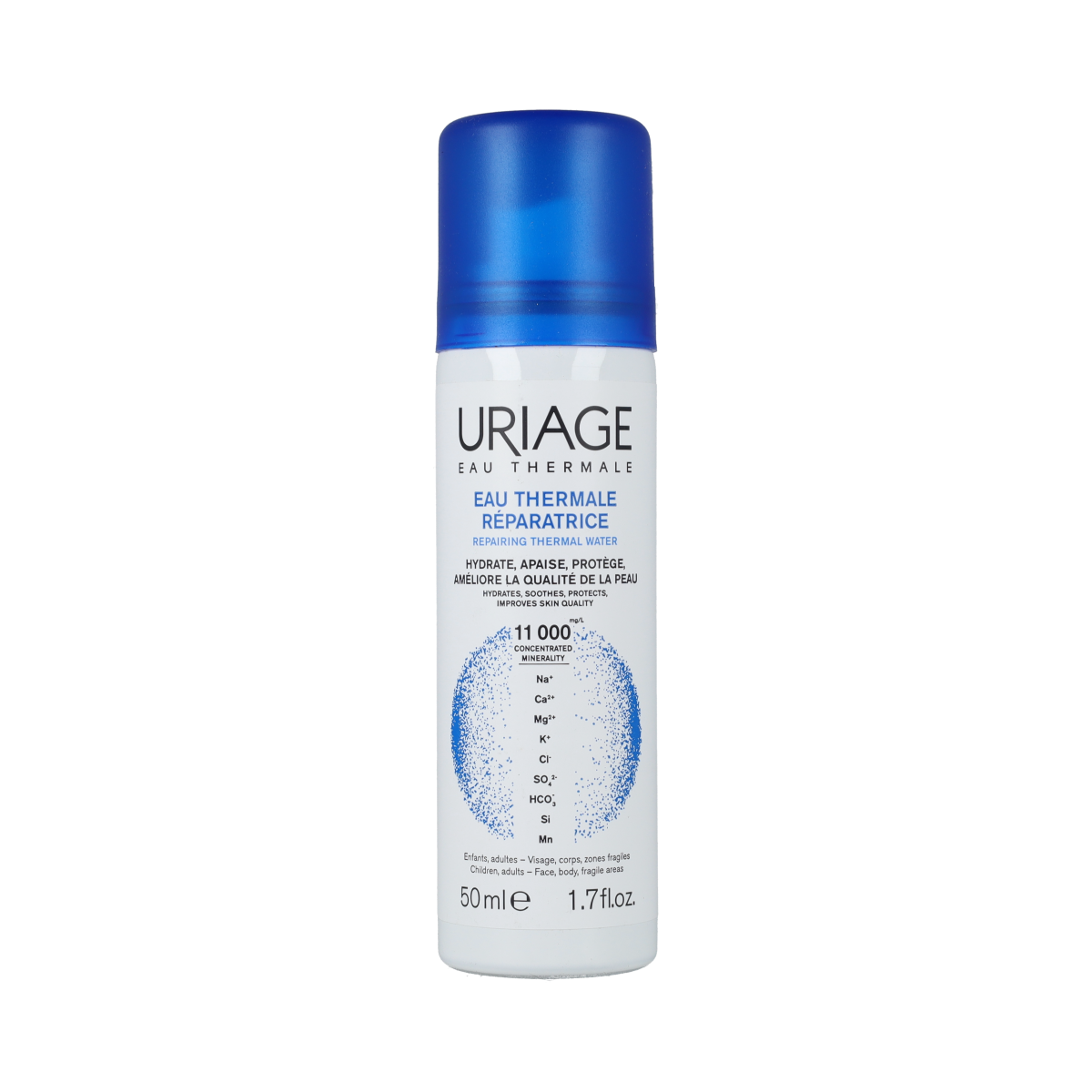 Uriage Thermal Water Spray 50ml for facial skincare, featuring a clear spray bottle with Uriage branding and water mist nozzle.