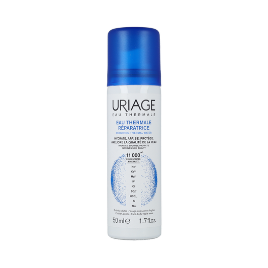 Uriage Thermal Water Spray 50ml for facial skincare, featuring a clear spray bottle with Uriage branding and water mist nozzle.