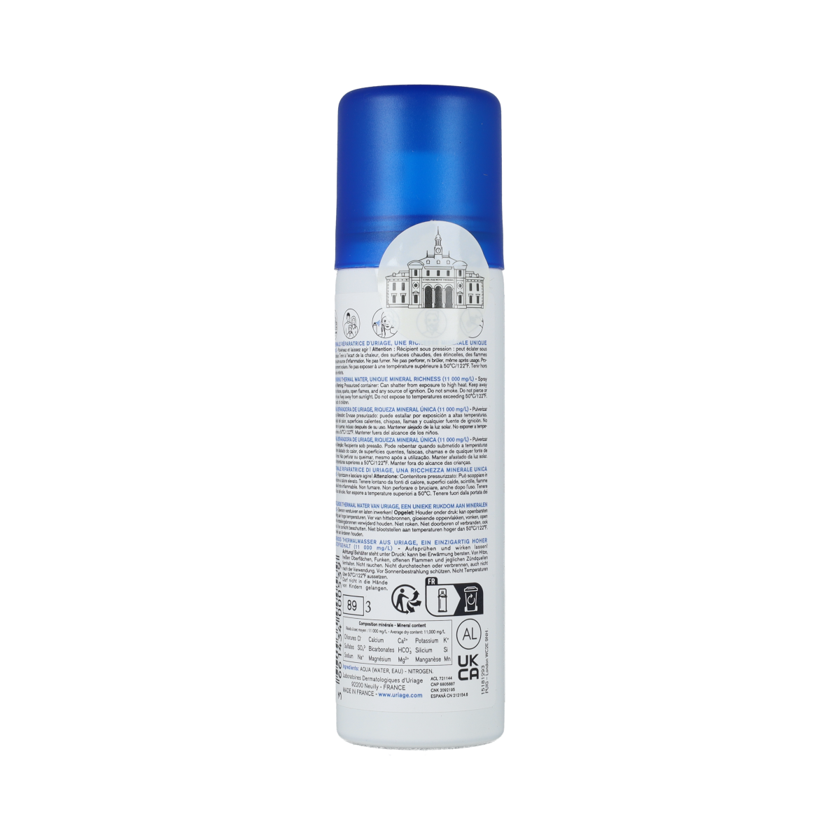Uriage Thermaal water spray 50ml for facial skincare, featuring a clear bottle with a spray nozzle, used for refreshing and calming skin.