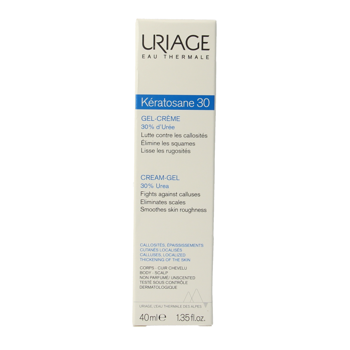 Uriage Keratosane 30 face care product in 40ml tube, designed for keratosis treatment and skin smoothing.