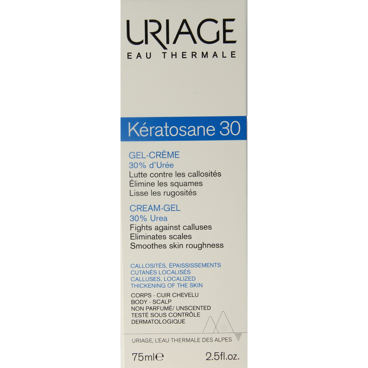 Uriage Keratosane 30 facial skincare tube, 75ml, with a white and blue packaging design, for keratosis and dry skin.