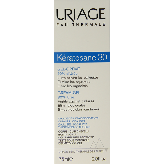 Uriage Keratosane 30 facial skincare tube, 75ml, with a white and blue packaging design, for keratosis and dry skin.