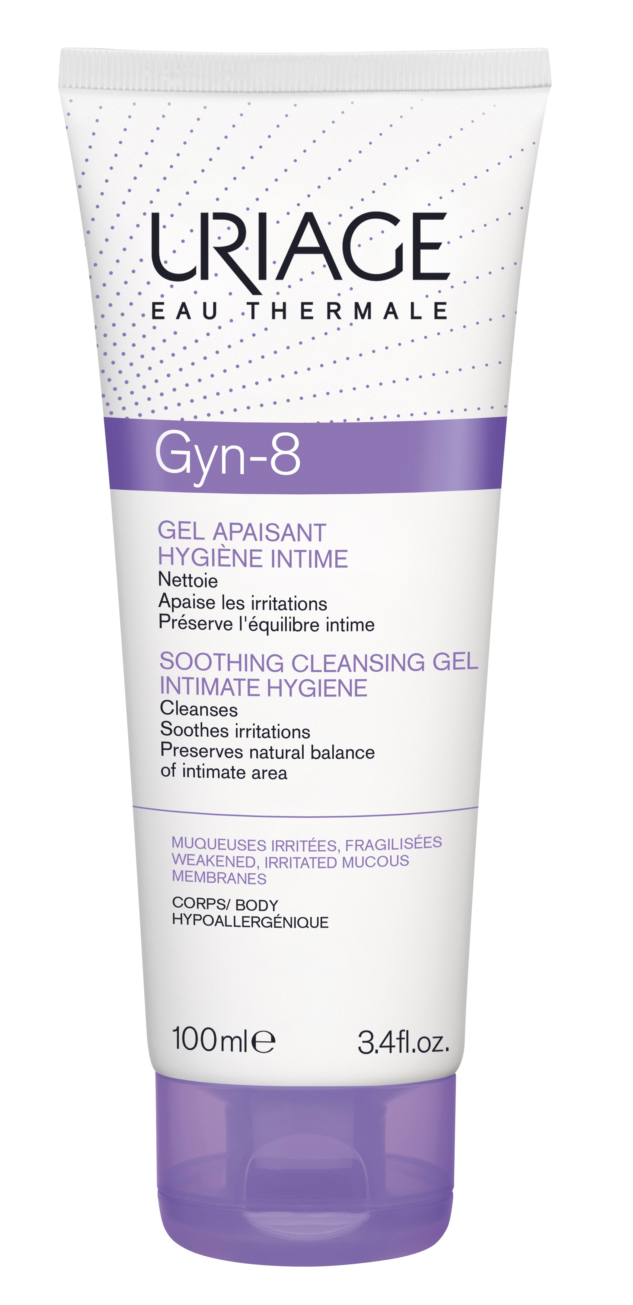 Uriage Gyn-8 soothing foaming gel for women, 100ml, gentle feminine hygiene product with a soft, foaming texture.