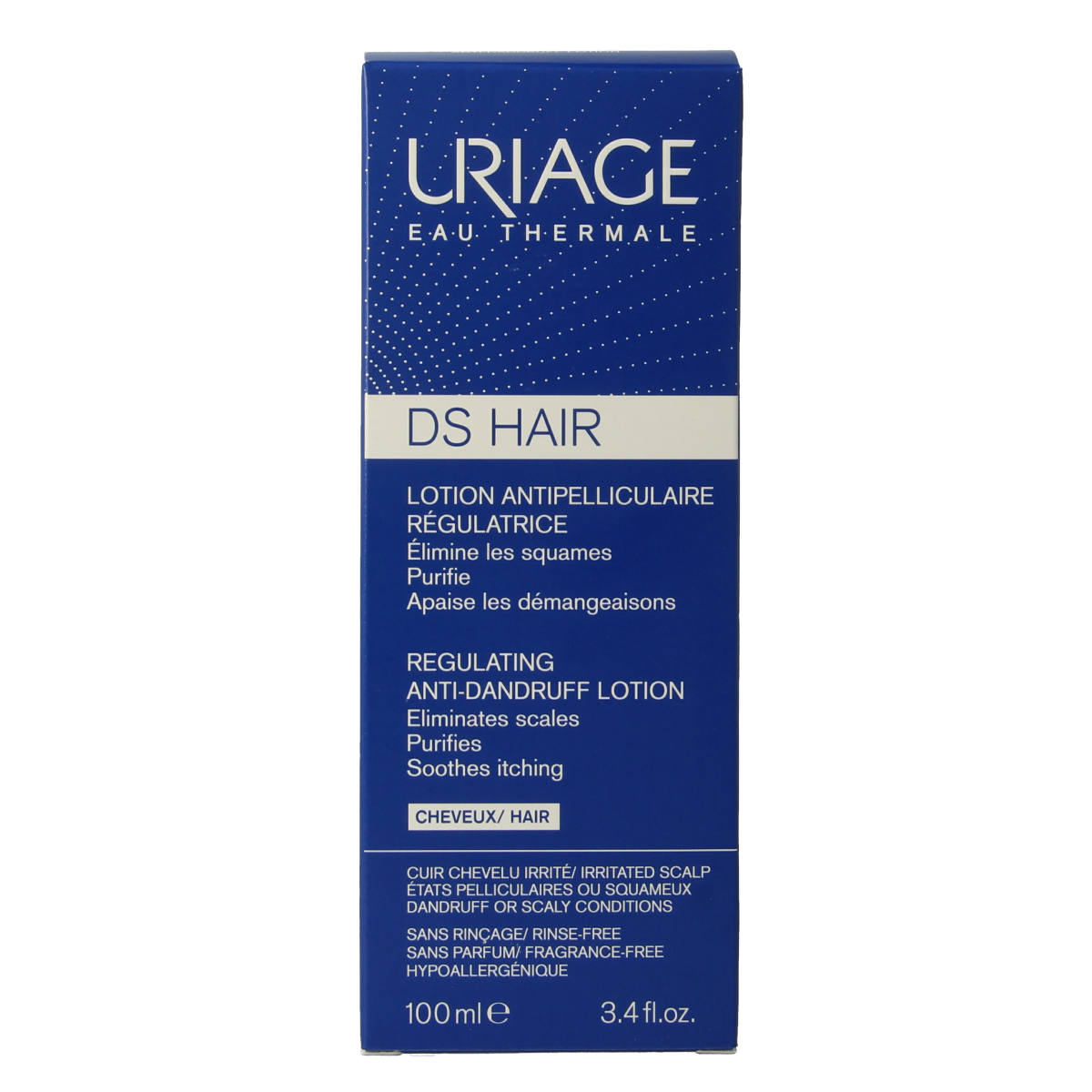 Uriage DS Hair Lotion anti-roos spray bottle, 100ml, for scalp care, with a clear spray nozzle and label showing product details.