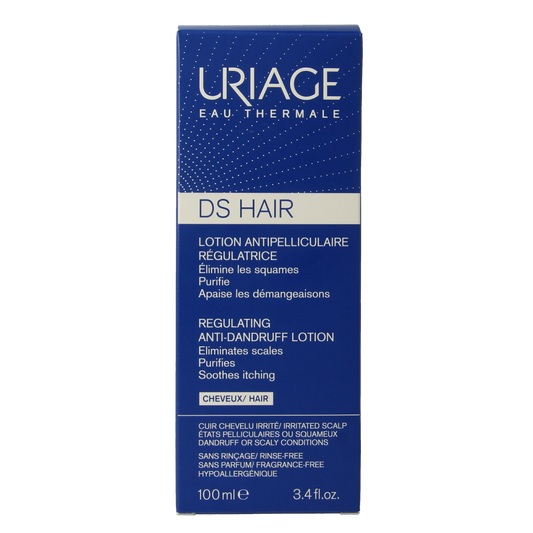 Uriage DS Hair Lotion anti-roos spray bottle, 100ml, for scalp care, with a clear spray nozzle and label showing product details.